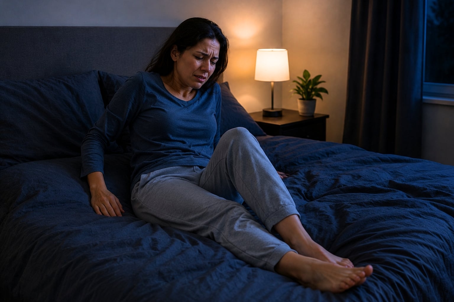 A woman experiences restless leg syndrome
